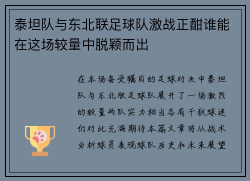 泰坦队与东北联足球队激战正酣谁能在这场较量中脱颖而出