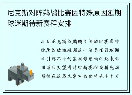 尼克斯对阵鹈鹕比赛因特殊原因延期球迷期待新赛程安排