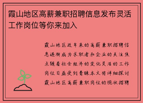 霞山地区高薪兼职招聘信息发布灵活工作岗位等你来加入
