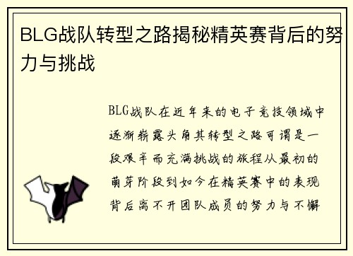 BLG战队转型之路揭秘精英赛背后的努力与挑战